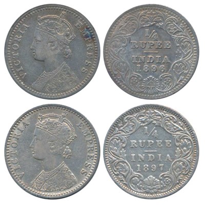 Lot 41 - British India, Victoria Empress, Silver ¼ Rupee (2), 1896, Calcutta Mint
