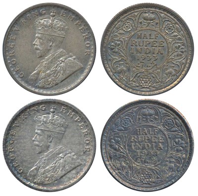 Lot 59 - British India, George V, Silver ½ Rupee (2), 1933, Calcutta Mint (Prid 333); 1934
