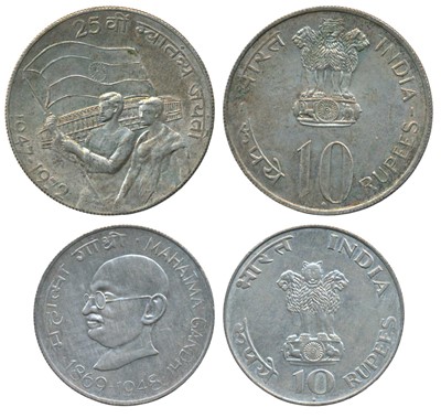 Lot 65 - Republic India, Silver Rupees 10 (2), 1969, Gandhiji Birth Centennial; 1972