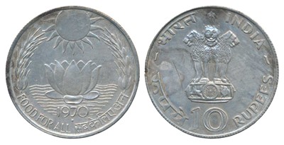 Lot 67 - Republic India, Silver Rupees 10, 1970, Bombay Mint, Food for All (KM 186). Edge knick