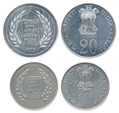 Lot 71 - Republic India, Silver Rupees 10 & 20, 1973, Grow More Food, Bombay Mint (KM 188). Brilliant Uncirculated