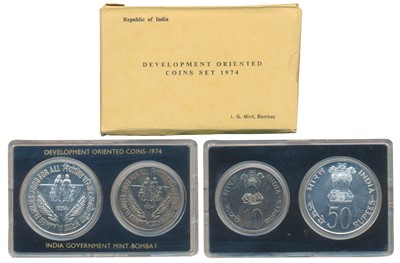 Lot 73 - Republic India, 1974 Uncirculated Set, Planned Families Food For All, set of 2, Rupees 10 and 50. In near immaculate condition