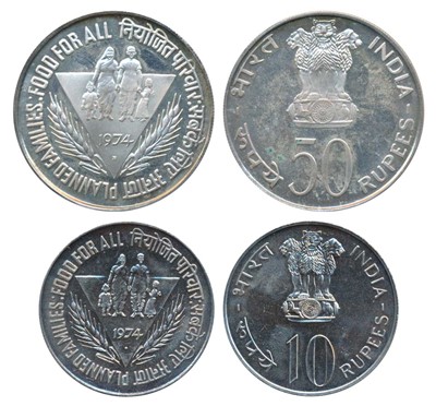 Lot 74 - Republic India, 1974 Uncirculated Set, Planned Families Food For All, set of 2, Silver Rupees 50 and Cupro-Nickel Rupees 10. Uncirculated