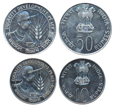 Lot 75 - Republic India, 1975 Uncirculated Set, Equality Development and Peace, set of 2, Silver Rupees 50 and Cupro-Nickel Rupees 10. Uncirculated
