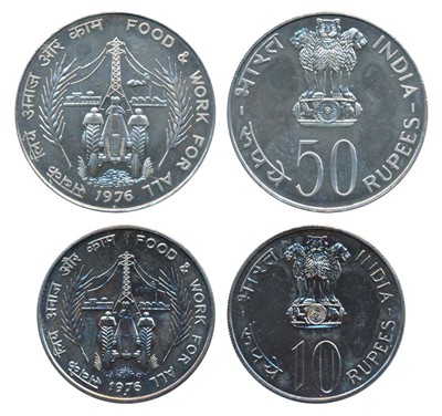 Lot 76 - Republic India, 1976 Uncirculated Set, Planned Families Food and Work for All, Silver Rupees 50 and Cupro-Nickel Rupees 10. Uncirculated, without any packaging. (2)