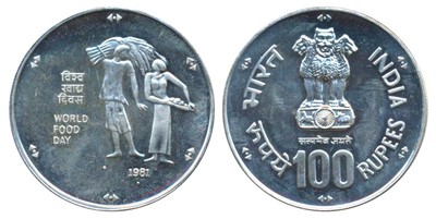 Lot 84 - Republic India, Silver Rupees 100, 1981, World Food Day, Bombay Mint (KM 276). Uncirculated