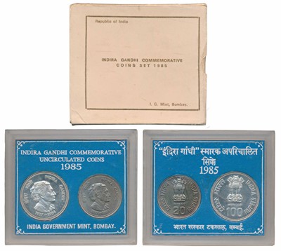 Lot 90 - Republic India, 1985 Uncirculated Set, Death of Indira Gandhi, set of 2, Rupees 20 and 100. In near immaculate condition