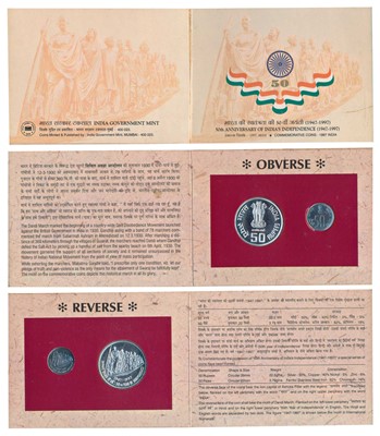 Lot 97 - Republic India, 1997 Uncirculated Set, 50th Anniversary of India’s Independence, set of 2, 50 Paisa and Rupees 50. In immaculate condition