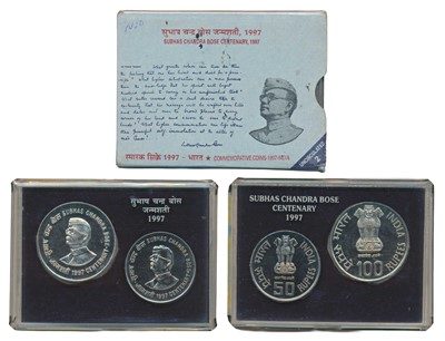 Lot 98 - Republic India, 1997 Uncirculated Set, Subhas Chandra Bose Centenary, set of 2, Rupees 50 and 100. In immaculate condition