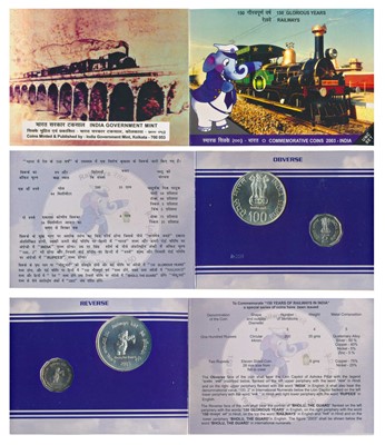 Lot 108 - Republic India, 2003 Proof Set, 150 Glorious Years of Railways, set of 2, Rupees 2 and 100. In immaculate condition