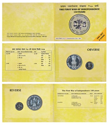Lot 119 - Republic India, 2007 Uncirculated Set, 150 Years of First War of Independence, set of 2, Rupees 5 and 100. In immaculate condition