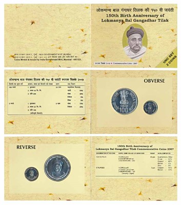 Lot 121 - Republic India, 2007 Uncirculated Set, 150th Birth Anniversary of Lokmanya Bal Gangadhar Tilak, set of 2, Rupees 5 and 100. In immaculate condition