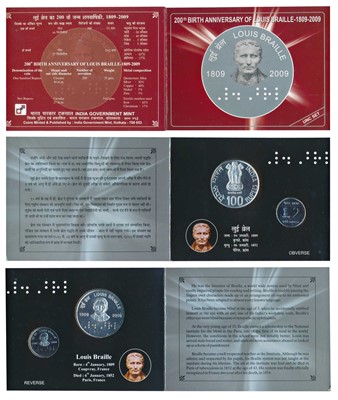 Lot 127 - Republic India, 2009 Uncirculated Set, 200th Birth Anniversary of Louis Braille, set of 2, Rupees 2 and 100. In immaculate condition