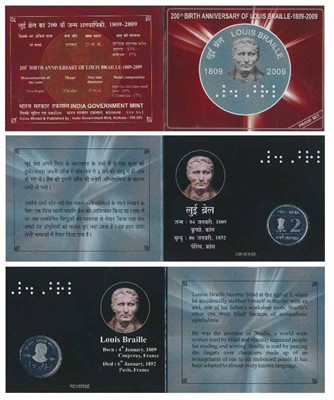 Lot 128 - Republic India, 2009 Proof Set, 200th Birth Anniversary of Louis Braille, Rupees 2 (single coin). In immaculate condition, within original packaging.