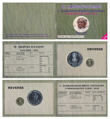Lot 133 - Republic India, 2010 Uncirculated Set, C. Subramaniam Birth Centenary, set of 2, Rupees 5 and 100. In immaculate condition