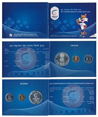 Lot 135 - Republic India, 2010 Uncirculated Set, XIX Commonwealth Games Delhi, set of 3, Rupees 2 to Rupees 100. In immaculate condition