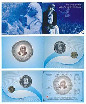 Lot 136 - Republic India, 2010 Uncirculated Set, Mother Teresa Birth Centenary, set of 2, Rupees 5 and 100. In immaculate condition