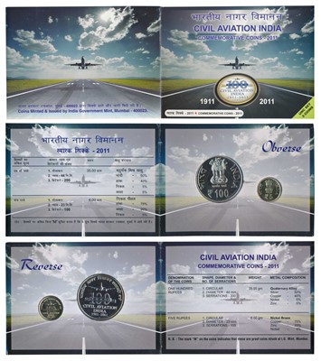 Lot 142 - Republic India, 2011 Uncirculated Set, 100 years Civil Aviation India, set of 2, Rupees 5 and 100.