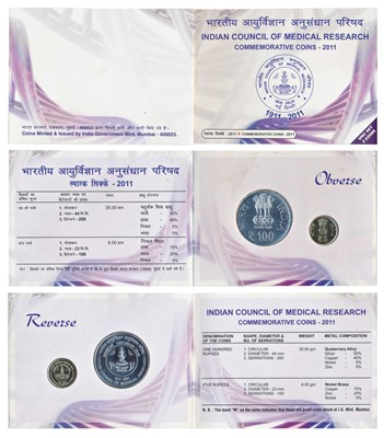 Lot 150 - Republic India, 2011 Uncirculated Set, Indian Council of Medical Research, set of 2, Rupees 5 and 100.