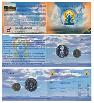 Lot 158 - Republic India, 2015 Uncirculated Set, Yoga for harmony and peace, set of 2, Rupees 10 and 100.