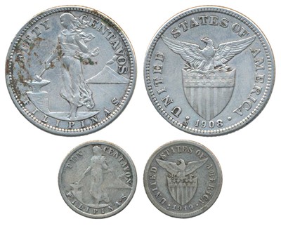 Lot 186 - Foreign Coins, Philippines, Silver 50 and 10 Centavos, 10g and 2g, 1908 & 1919