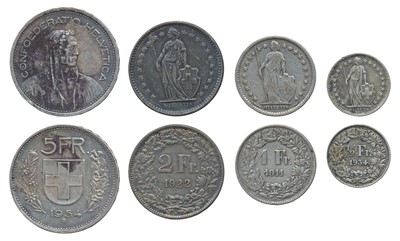 Lot 191 - Foreign Coins, Switzerland, Silver 5 Francs 1954B, 2 Francs 1922, Franc 1911 and ½ Franc 1934