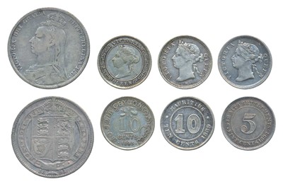 Lot 194 - Foreign Coins, Great Britain, Victoria, Silver Shilling 1891; Ceylon, Silver 10 Cent 1893; Straits Settlements
