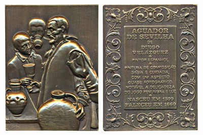 Lot 230 - Medals, Diego Velasquez (1599-1660), Gilt Bronze Plaque, Famous Spanish Painter, obv. His famous painting “The water seller of Seville”; rev. His life events