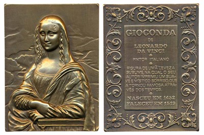 Lot 231 - Medals, Leonardo da Vinci (1452-1519), Bronze Plaque, Famous Italian Painter, obv. His famous painting- Monalisa; rev his life events