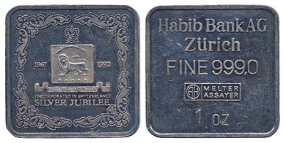 Lot 252 - Tokens and Badges, Habib Bank, Silver Jubilee 1967-1992, Silver Bar, 31.11g