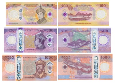 Lot 260 - Paper Money, Bhutan, 100 & 500 & 1000 Ngultrums, set of 3