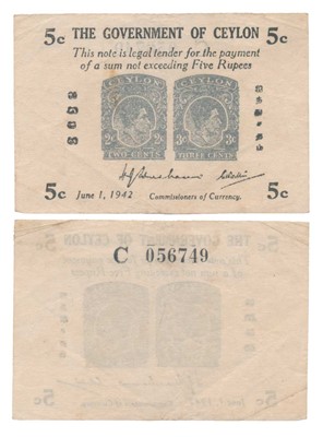 Lot 262 - Paper Money, Ceylon, 5 cents 1942 Emergency (Postal Card)