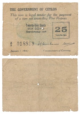 Lot 263 - Paper Money, Ceylon, 25 cents 1942 Emergency Issue
