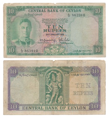 Lot 267 - Paper Money, Ceylon, George VI, Rupees 10, 1951