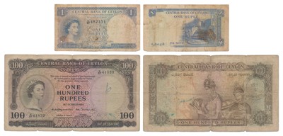 Lot 269 - Paper Money, Ceylon, Elizabeth II, 1 Rupee & Rupees 100, 1954